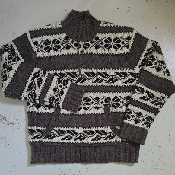 Y2K Hollister Co Men's 100% Wool Ski Sweater Quarter Button Up Brown Taupe M